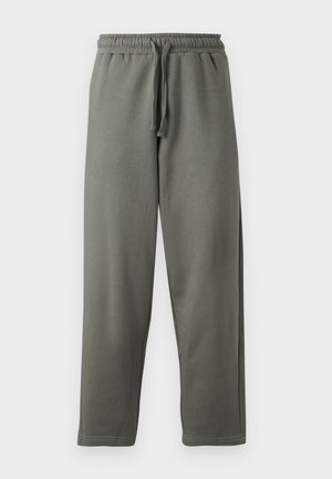 Grijze joggingbroek gemaakt van zacht stof met een elastische tailleband en aantrekkoord; heeft een rechte broekspijpen en minimale stikdetails.