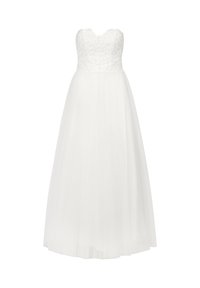 Robe blanche sans bretelles présentant un corsage en dentelle et une jupe en tulle fluide. La robe a une coupe ajustée et un détail de décolleté modeste.