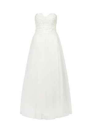 Abito bianco senza spalline con corpetto in pizzo e gonna fluida in tulle. Il vestito ha una silhouette aderente e un dettaglio scollatura modesta.