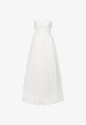 Robe blanche sans bretelles présentant un corsage en dentelle et une jupe en tulle fluide. La robe a une coupe ajustée et un détail de décolleté modeste.