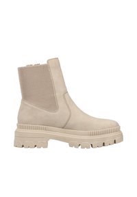 Bottine beige à semelle épaisse, panneau latéral côtelé élastique et tige lisse, conçue pour un usage décontracté.