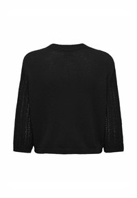 Crni pleteni pulover s ležernim krojem, s polu-dužim rukavima i teksturiranim, otvorenim detaljima uz rukave.
