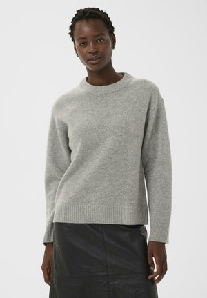 Light gray knitted sweater with a crew neckline, ribbed cuffs and hem, paired with a black leather skirt. Soft texture, relaxed fit.