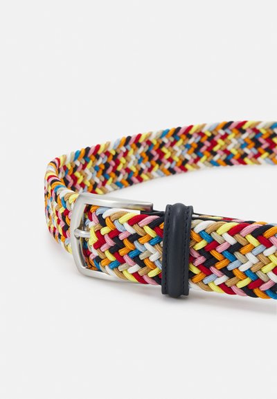 Woven belt with multicolored patterns in red, yellow, blue, and beige. Features a silver metal buckle and a black leather accent.