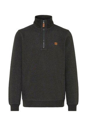 Mörkgrå pullover fleece-tröja med hög krage, kvartdragkedja och en liten brun logotyp på bröstet. Mjuk textur och avslappnad passform.