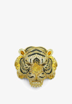 Broche en forme de tête de tigre décorée d'or et de cristaux clairs, avec des rayures en émail noir détaillées et des traits du visage texturés.