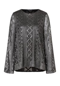 Metalgrijze trui met lange mouwen, een gestructureerd patroon met diamanten en lijnen, ronde halslijn en een iets langere achterkant.