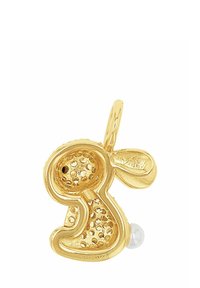 Ciondolo a forma di coniglio in oro con un design testurizzato e perforato, arricchito da una piccola perla. Presenta un anello per l'attacco.