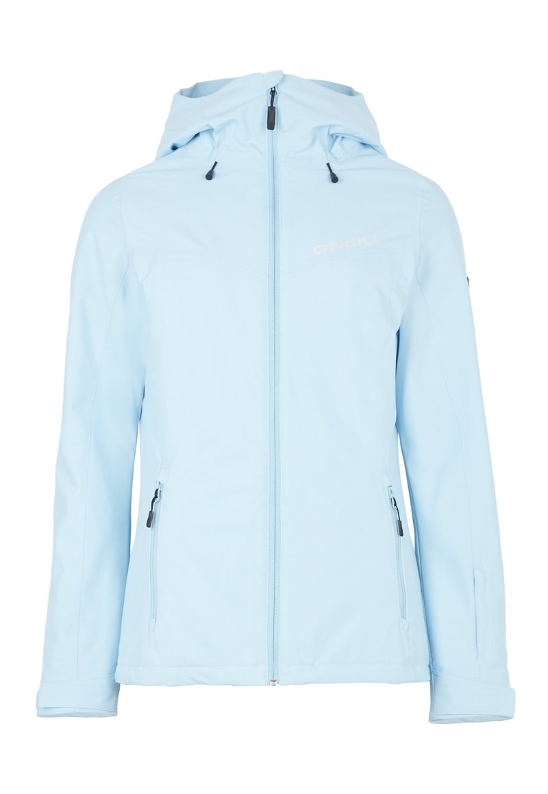 Giacca outdoor azzurro chiaro con zip frontale, cappuccio regolabile e due tasche laterali con zip. Tessuto liscio, con un leggero logo ricamato sul petto.