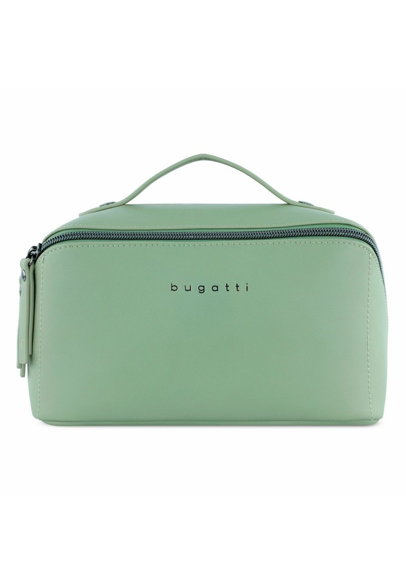 Grüne kosmetiktasche aus Kunstleder mit Reißverschluss, einem oberen Griff und dem Markennamen "bugatti" auf der Vorderseite gedruckt.