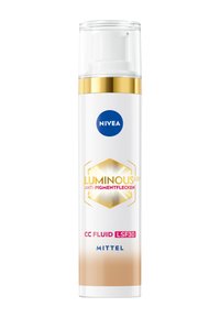 NIVEA Luminous 630° CC Fluid bottle; white with gold accents, a pump dispenser, and colored gradient from cream to beige; labeled for sun protection.