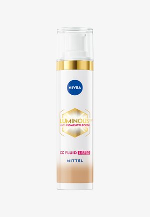 NIVEA Luminous 630° CC Fluid bottle; white with gold accents, a pump dispenser, and colored gradient from cream to beige; labeled for sun protection.