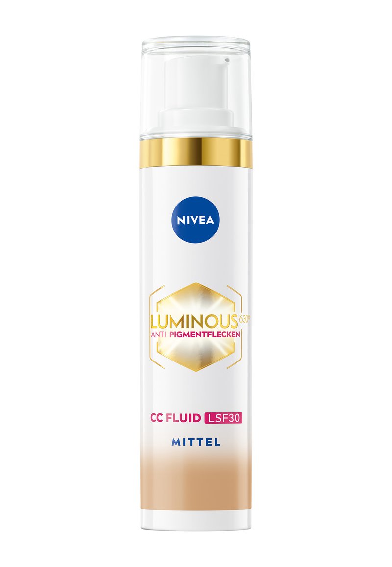 NIVEA Luminous 630° CC Fluid bottle; white with gold accents, a pump dispenser, and colored gradient from cream to beige; labeled for sun protection.