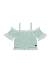 Mintgrünes, schulterfreies Oberteil mit gerafftem Oberteil, Rüschensleeves und Saum, ausgestattet mit dünnen, verstellbaren Trägern und einem kleinen Logoakzent.
