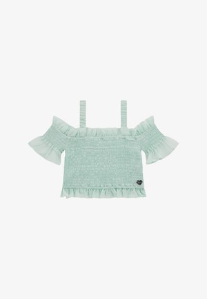 Mentazöld, vállnélküli felső, smockolt mellrésszel, fodros ujjakkal és szegéllyel, vékony, állítható pántokkal és egy kis logóval díszítve.