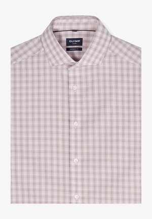 Camicia da uomo moderna con collo, motivo a quadri rosa chiaro e marrone, abbottonatura frontale e etichetta OLYMP Luxor all'interno del colletto.