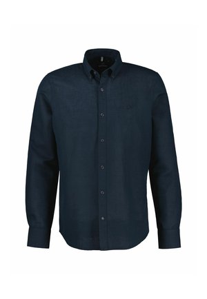 Heren lange mouwen navyblauw overhemd met knopen, kraag en knoopmanchetten, effen ontwerp met subtiel geborduurd logo op de borst.