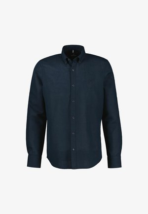 Heren lange mouwen navyblauw overhemd met knopen, kraag en knoopmanchetten, effen ontwerp met subtiel geborduurd logo op de borst.