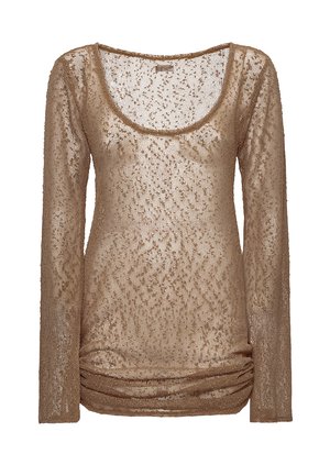 Maglia beige semi-trasparente a maniche lunghe con scollo rotondo e dettaglio arricciato all'orlo.