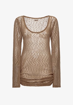 Top de punto beige semitransparente de manga larga con escote redondo y detalle fruncido en el dobladillo.