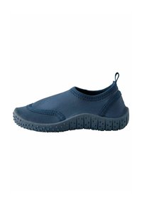 Scarpe slip-on blu navy con suola in gomma testurizzata, superiore in tessuto liscio e cuciture in evidenza. Gancetto corto per una facile vestibilità.