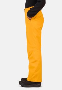 Gele waterdichte broeken met een rechte snit, zijzakken en zwarte knopenaccenten, gecombineerd met zwarte robuuste schoenen. Soepele textuur.