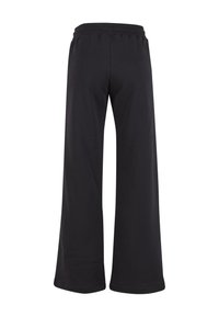 Black, wide-leg pants made of soft fabric with an elastic waistband and no visible stitching details. Smooth texture and simple design.