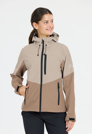 Women's waterproof jacket in beige and brown, featuring a hood, zippered pockets, adjustable cuffs, and a smooth, matte finish.