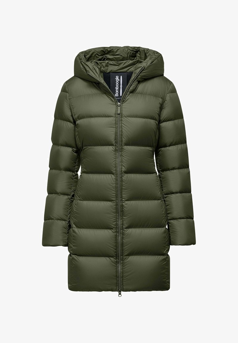 Puchowa kurtka w oliwkowym kolorze z zapięciem na zamek, kapturem i pikowaną teksturą, z równomiernie rozłożonymi pionowymi panelami dla lepszej izolacji.