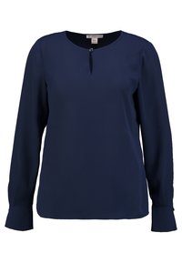 Blouse à manches longues bleu marine en tissu lisse, avec un col rond orné d'une petite ouverture en forme de goutte, des poignets boutonnés et une coupe décontractée.