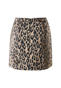 Sukně se vzorem leopardího tisku, která má přiléhavý střih, pozadí ve zlaté béžové barvě a černé skvrny. Vnitřní zip a čistý lem.