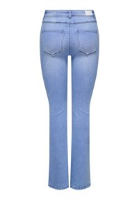 Jeans en denim bleu clair avec un design à jambe droite, cinq poches et une taille mi-haute. Texture lisse avec un détail de décoloration subtile.