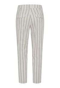 Gestreepte broek in wit en beige, gemaakt van lichtgewicht stof. Beschikt over twee achterzakken en een slanke, taps toelopende pasvorm.