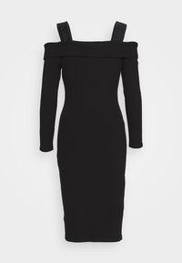 Robe midi noire décolletée sur les épaules avec des manches longues et de larges bretelles, présentant un texte en relief subtil.