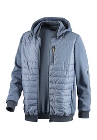 Blue hoodie jacket featuring a quilted front, smooth sleeves, a front zipper, and side pockets with a soft, textured interior lining.