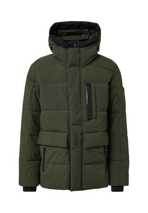 Olivgrüne Steppjacke mit Kapuze, ausgestattet mit einem schwarzen Futter, mehreren Taschen und einem Reißverschluss vorne. Strukturierter Stoff mit glatter Oberfläche.