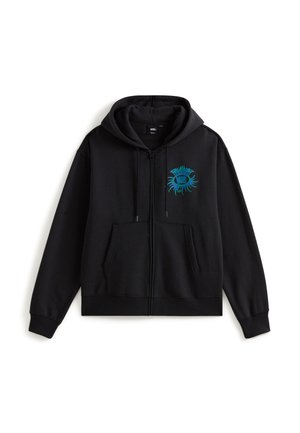Zwarte zip-up hoodie van een katoenmix. Voorzien van een grote turquoise afbeelding op de linkerborst, een voorste kangoeroezak en een trekkoordkap.