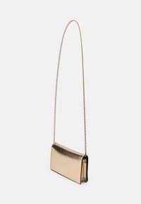 Gold metallic clutch bag with a rectangular shape, leather material, and a delicate chain strap. Smooth texture with a subtle shine.