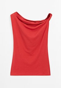 Červený, měkký jersey top s draped výstřihem, bezrukávovým designem a přiléhavým střihem. Má hladkou texturu bez vzorů nebo akcentů.