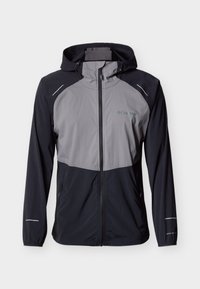 Ανδρικό αδιάβροχο μπουφάν Columbia σε μαύρο και γκρι, με κουκούλα, πλήρες φερμουάρ μπροστά και τσέπες με φερμουάρ και στις δύο πλευρές.