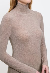 Lange mouwen turtleneck top in lichtbruin, gemaakt van een zachte, iets doorschijnende stof met een gladde textuur en een strakke pasvorm.
