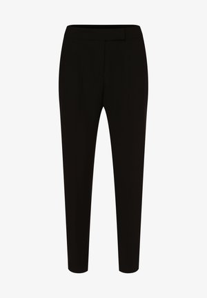 Schwarze maßgeschneiderte Hose mit schlanker Passform, flacher Vorderseite, glatter Textur und ohne sichtbare Taschen oder Verzierungen.