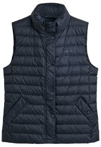 Marinblå puffväst med hög krage, med horisontella quiltade sektioner, två sidfickor och tryckknappar för stängning.
