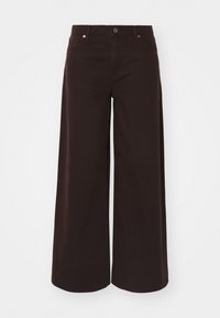 Pantaloni cu picioare largi din bumbac de culoare maro închis. Au un sistem de închidere cu buton și fermoar, buzunare pe față și detalii cusute pe cusături.