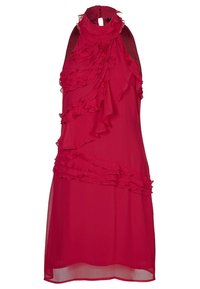 Red sleeveless dress made of lightweight fabric, featuring ruffled accents on the front and a high neckline with a keyhole opening.