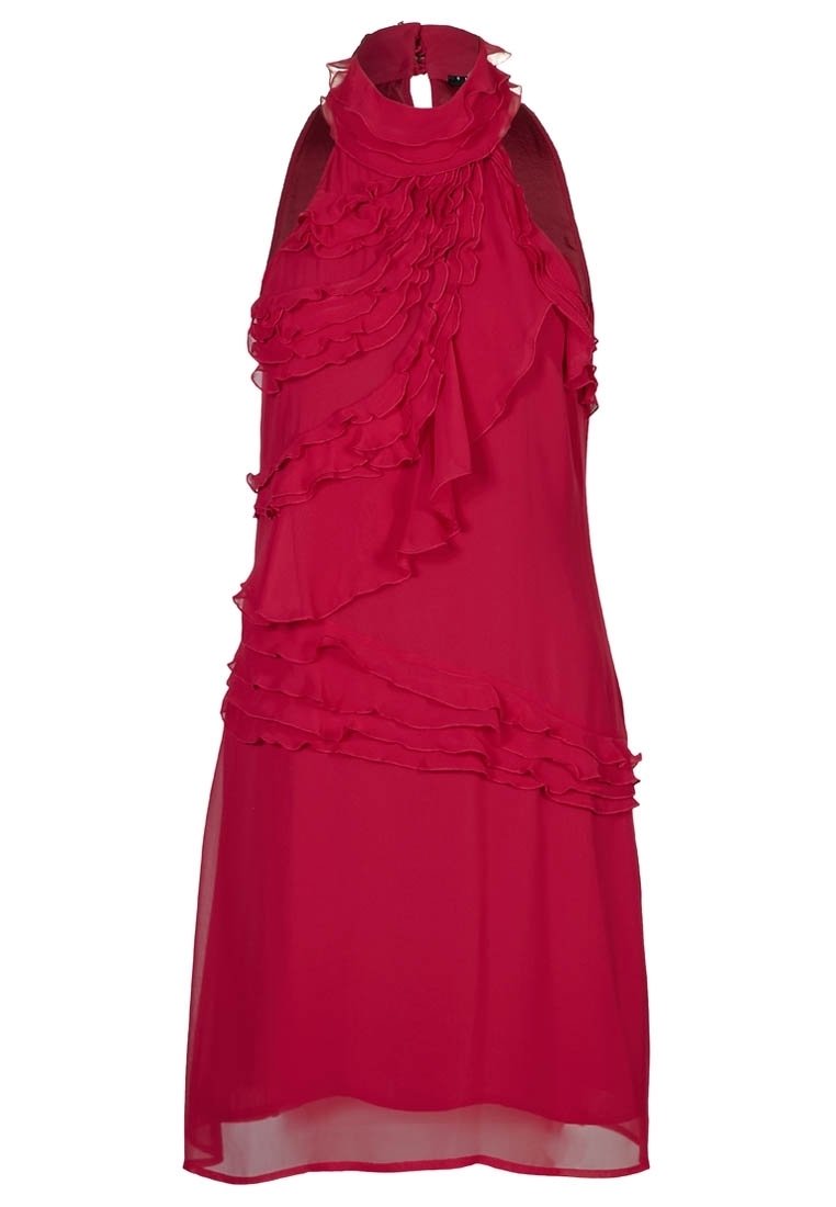 Red sleeveless dress made of lightweight fabric, featuring ruffled accents on the front and a high neckline with a keyhole opening.