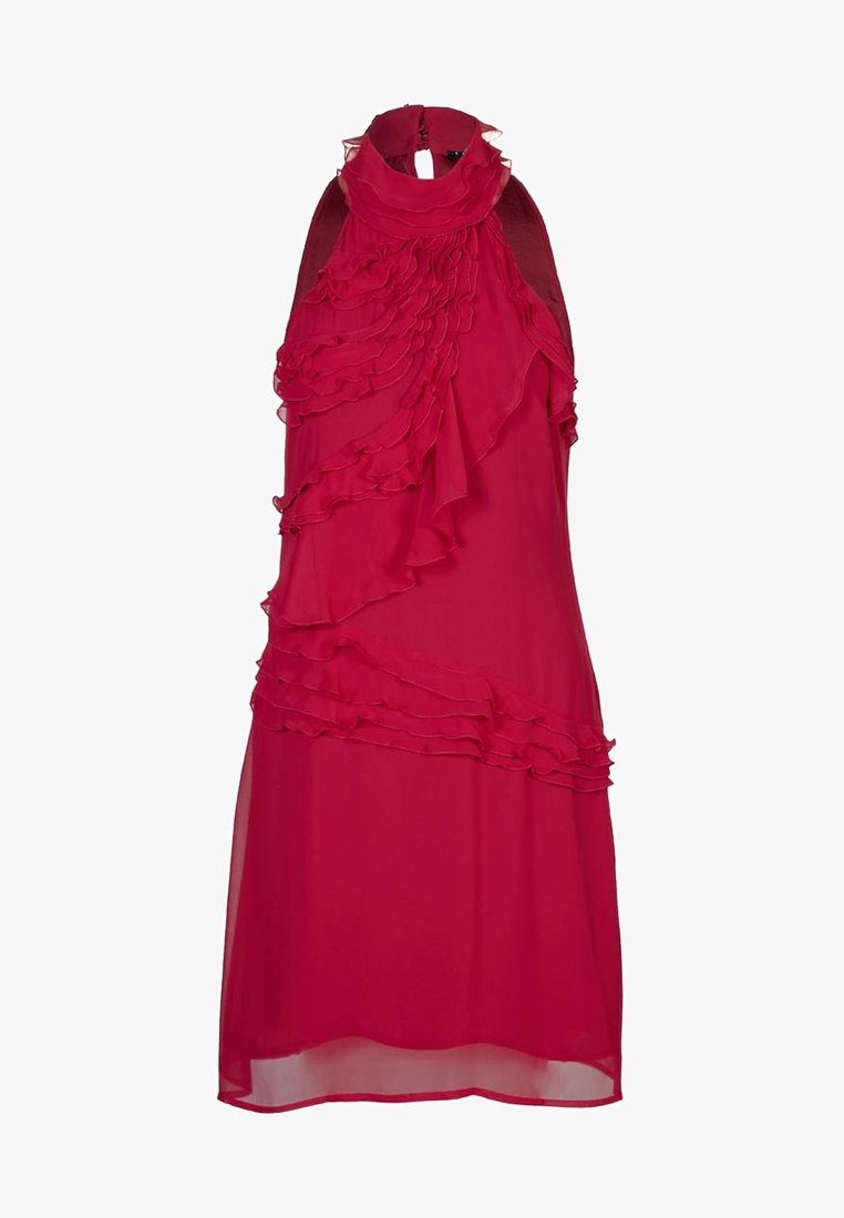 Red sleeveless dress made of lightweight fabric, featuring ruffled accents on the front and a high neckline with a keyhole opening.
