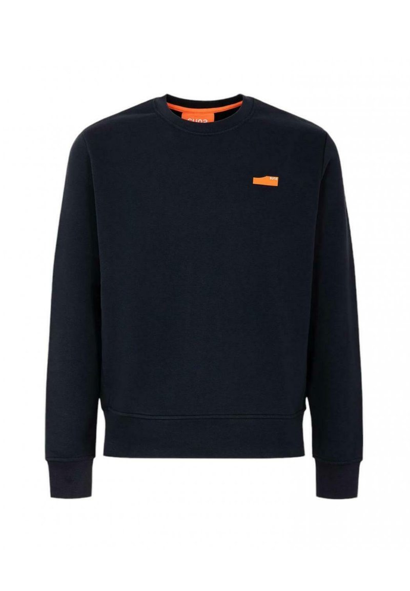 Felpa blu navy in cotone, con scollatura rotonda e maniche lunghe. Piccolo patch logo arancione sul lato sinistro del petto.