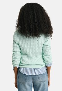 Maglione verde menta a trecce con vita a costine, indossato sopra una camicia a righe blu e bianco con bottoni, abbinato a jeans azzurri chiari.