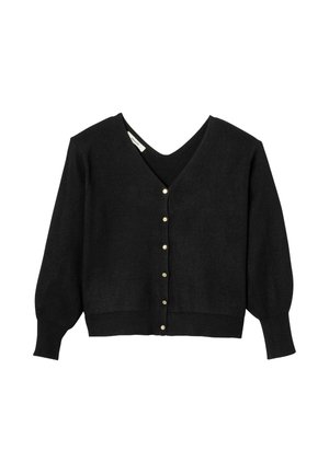 Cardigan noir en tricot avec décolleté en V, manches bouffantes longues et une rangée de boutons dorés à l'avant. Texture douce, longueur courte.